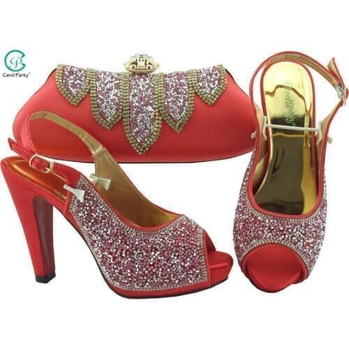 New Arrival Italian design Ladies Wedding Shoes and Bag Set Decorated with Rhinestone African Matching Shoes and Bags In Coral