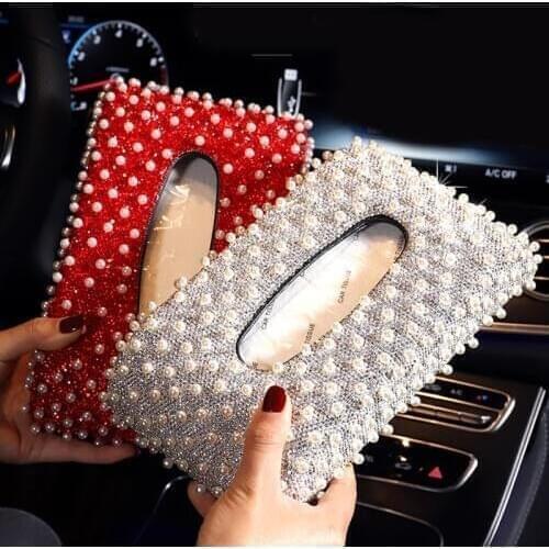 New Pearl Car Tissue Box Holder Bling Rhinestone Crystal Auto Tissue Cover Block-type Car Styling Handmade Diamante Girls Women