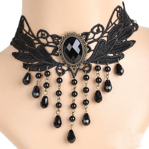 Gothic Victorian Crystal Tassel Tattoo Choker Necklace Black Lace Choker Collar Vintage Women Wedding Jewelry NK959