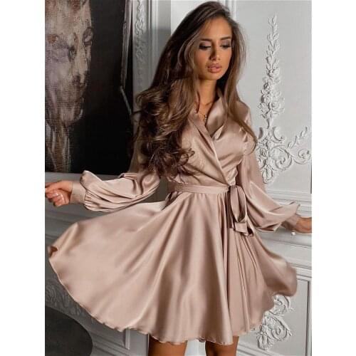 Sexy Satin Sashes A Line Mini Dress Lantern Sleeve Elegant Party Dress 2020 Autumn Fashion Womens Clothing Streetwear Vestidos