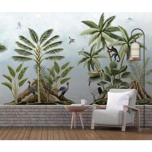 Custom large mural wallpaper Nordic hand-painted small fresh tropical rainforest planting living room bedroom background wall