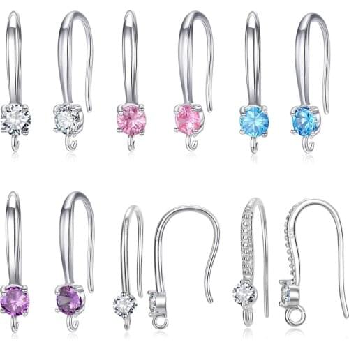 Authentic 925 Sterling Silver S925 Hook Earrings White Pink Blue Purple Cubic Zircon Ear Jewelry Accessories Findings