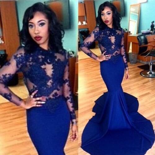 Blue Muslim Evening Dresses Mermaid Long Sleeves Satin Lace Islamic Dubai Saudi Arabic Long Evening Gown Prom Dress