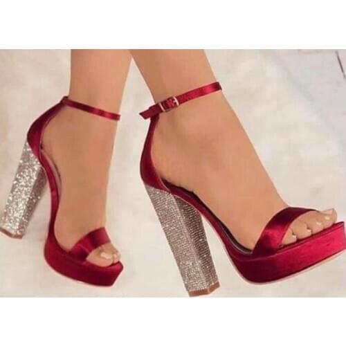 Cheap Woman Burgundy Silk Sliver Crystal Square Heels Buckle Sandals Party Bling Bling Heels Sexy Club High Heel Party Shoes
