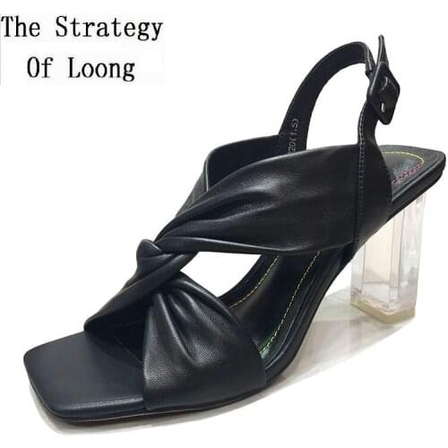 European America Style Summer New Internal Celebrity Crystal Thick High Heels Peep Toe Genuine Leather Women Sandals 20200903