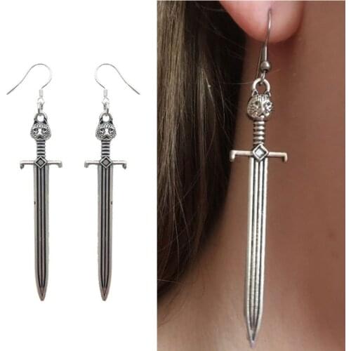 Women Gothic Owl on Sword Drop Earrings Antique Silver Sword Medieval Renaissance Weapon Dangle Earrings Fashion Jewelry