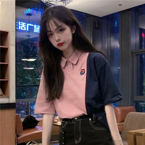 Woman Sweaters Womens Short-Sleeved T-shirt Summer Loose Color Matching Polo Shirt Collar Top