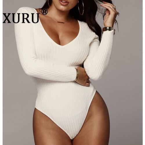 XURU autumn and winter new long-sleeved pit piece jumpsuit womens casual solid color knitted V-neck bottoming tigh