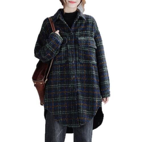 Womens Woolen Coat Autumn Winter Fashion Women Plaid Jacket Mid-Long Large Size Loose Blended Woolen Lattice Coats Outwear W10
