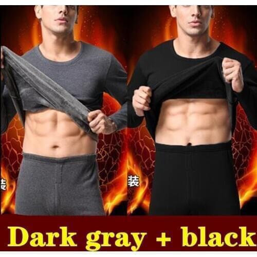 Winter Thermal Underwear Men Plus Velvet Long Thermal Suit Polyester Comfortable Warm 1black+1gray Thermal Underwear