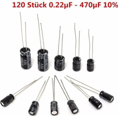 120Pcs 12 Value 1uF~470uF Electrolytic Capacitors Assortment Kit