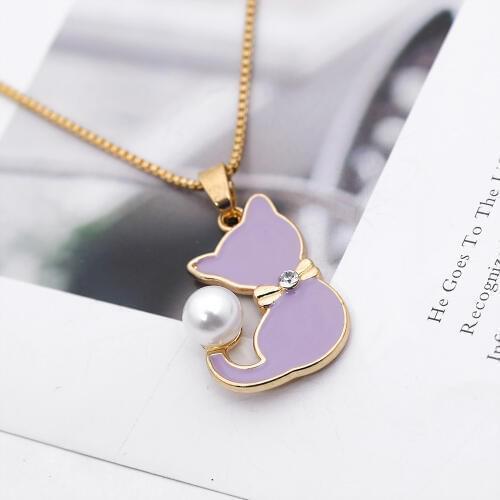 5 Ladies Enamel Cat fox Drops Oil Zircon Pearl Tail Necklace Animal Puppy Cartoon Creative Pets Pussy Pendant Necklace jewelery
