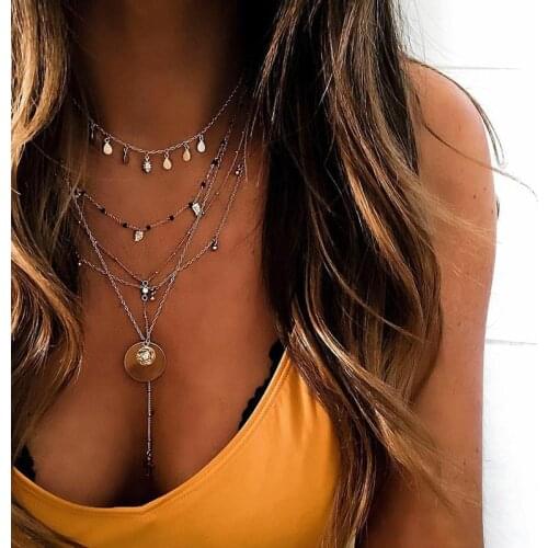5 Pcs/Set Retro Necklaces Boho Beach Geometric Disc Pendant Beaded Multilayer Gold Necklace Women Charm Jewelry Gift Clothing