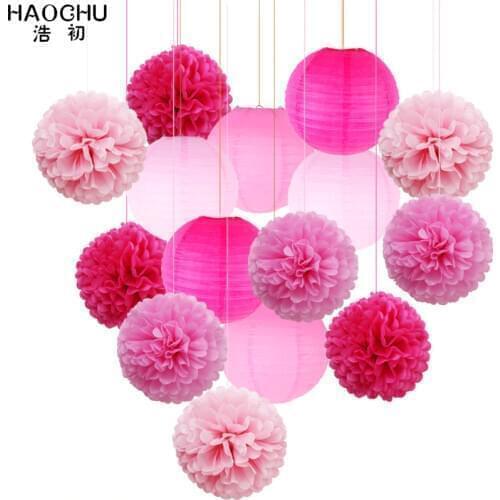 9pcs Paper Pom Poms Tissue Flower Balls Mixed 6pcs Hanging Paper Lantern Decoration Set Holiday Wedding Birthday Party DIY Decor