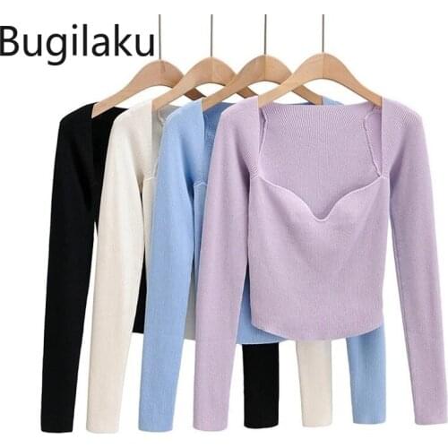 Bugilaku Square Collar Basic Pullover Sweater Women Slim Fit Pure Color Long Sleeve Short Jumper High Street New Chic Pull Femme
