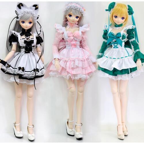 BJD Doll Clothes Maid outfit bubble skirt Lovely ears Pink Black Green Dress doll hairpin DDM/DDL 1/3 Custom Doll Accessories