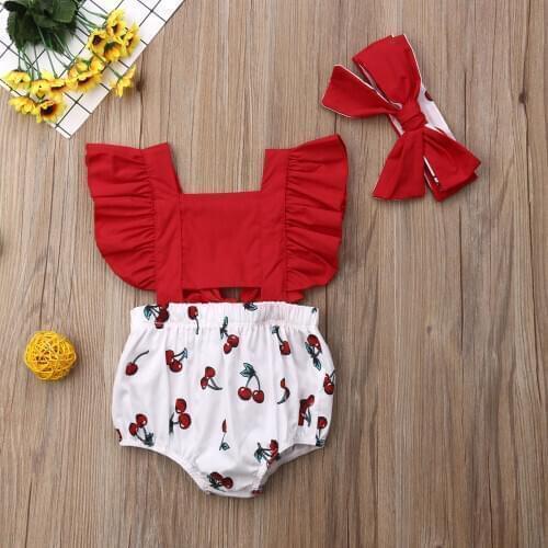 2pcs Baby Girl Ruffle Cherry Print Bodysuits Newborn Romper + Headband Kids Sunsuit Newborn Outfits Girls Summer Clothes