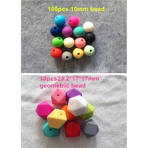 2 in 1 100pcs 10mm bead an 10pcs geometric bead Food Grade Silicone Teething Chew Nursing Babywearing Necklace Free shipping