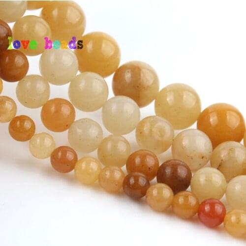 Natural Smooth Yellow Jades Minerals Beads 4/6/8/10/12mm Round Loose Stone Beads for Jewelry Making DIY Bracelet 15" Strand