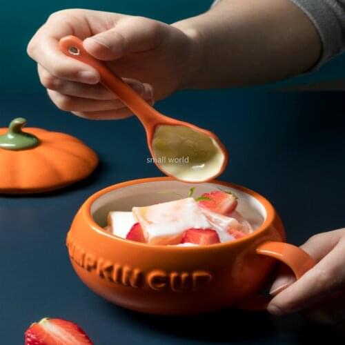 Pumpkin Cup Ceramic Water Cup With Lid Mug Large Capacity Breakfast Cup With Spoon noodle bowl soup bowl with handle ramen bowl
