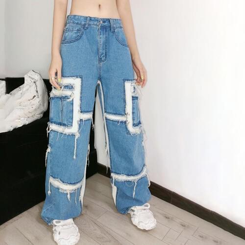 High street fashion brand jeans BF loose straight jean funeral Department mens and womens Retro Old beggars