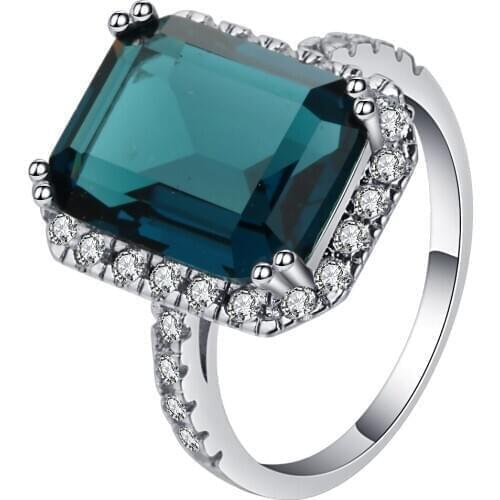 UFOORO Hot sale fahsion simple silver color ring for women wedding jewelry big sky blue zircon stone factory cheap wholesale