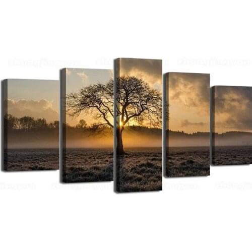 Canvas Print Painting Wall Art Printed Pictures 5 Panel Poster Sunrise Tree Landscape Photo For Living Room Decor frame artwork