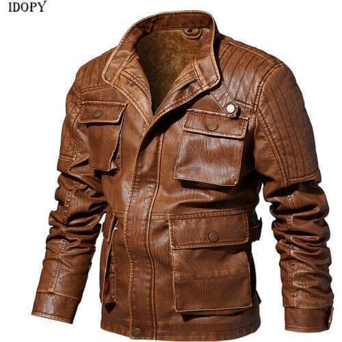 Idopy Military Faux Leather Jacket Men Casual Slim Fit Washed PU Faux Leather Coat Mens Thick Plus Motorcycle Bomber Jackets