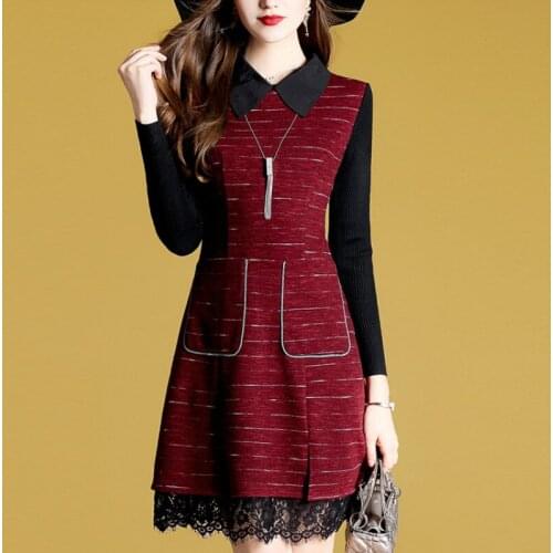 2018 Autumn New Pattern Europe Station Will Code Long Sleeve Split Joint A Word Knitting Lace False Two Paper Dress