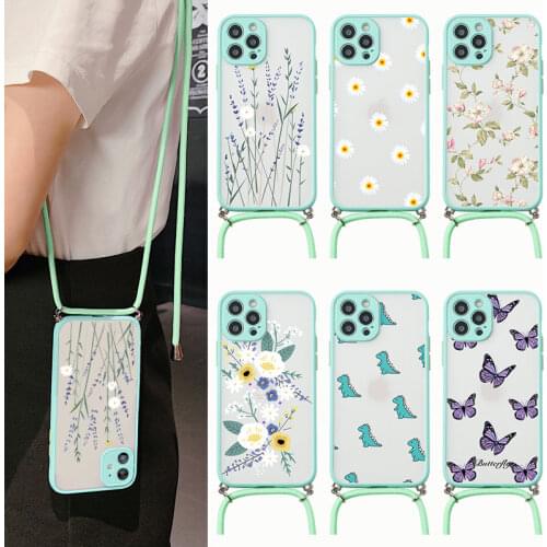 Lanyard Transparent Matte Cover For iPhone 7 6 6s 8 Plus 11 12 Mini Pro Max X XR XS Max SE 2020 Hard PC Flower Phone Case Luxury