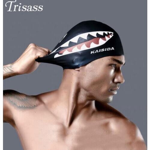 Trisass 2021 New Mans Swimming Cap Adult Elastic Shark Swimming Caps Waterproof Protect Ears Long Hair Soft Women Bathing Cap