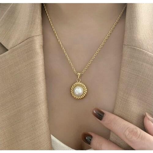 Titanium Twist Chain Faux Pearl Charm Necklace Vintage Punk Party T Show Runway Designer Club Japan Korean