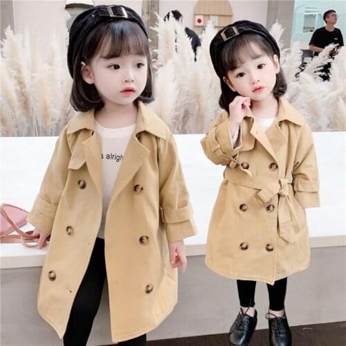 Girls' Windbreaker Middle and Small Childrens Autumn New Double-breasted Casual Jacket Mid-length Childrens Coat Children