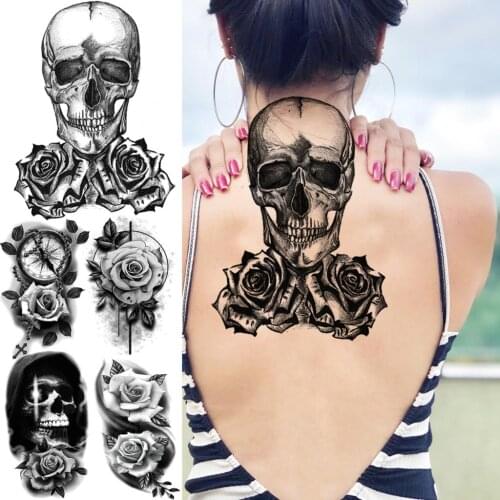 Realistic Black Skull Rose Flower Back Temporary Tattoos For Women Men Halloween Compass Round Fake Tattoo Sticker Skeleton