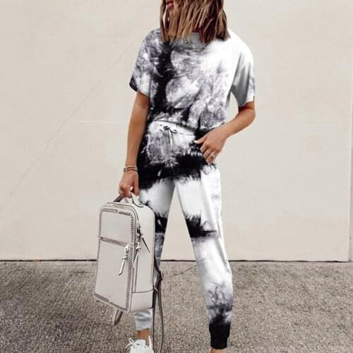 Summer Women Tie Dye 2 Piece Set Plus Size O-Neck Pencil Pant Laides Streetwear Suit Casual Female Printed Trouser Tracksuit Set