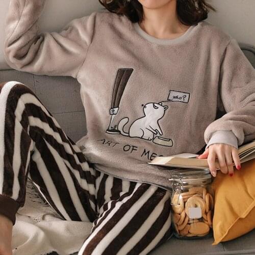 Puimentiua Women Pajama Set Autumn Winter Pajamas Flannel Cartoon Thick Warm Women Sleepwear Cute Animal Female Homewear Service