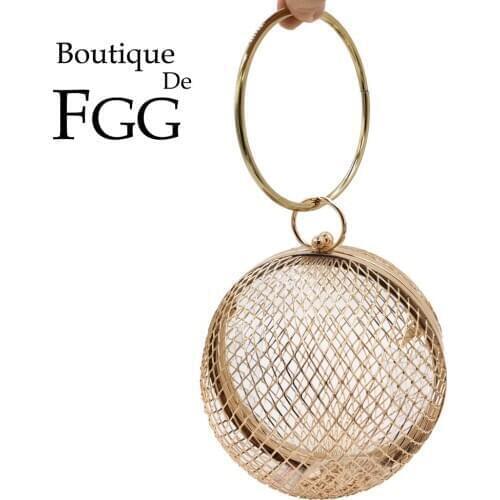 Boutique De FGG Hollow Out Women Round Metal Clutches Hard Case Evening Bags Wristlets Handbags and Purses Chain Shoulder Bag