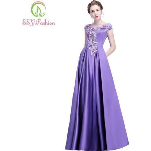 SSYFashion New Purple Satin Flower Evening Dress The Bride Banquet Elegant Appliques Floor-length Prom Party Gown Custom Made