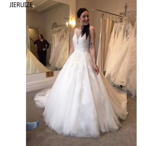 JIERUIZE A Line Backless Wedding Dresses Scoop Neck Lace Appliques Sleeveless Summer Wedding Gowns vestido de noiva Bridal Dress
