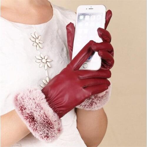 Winter Lady PU Imitation rabbit hair Gloves Outdoor Gloves Thicken Warm Mittens Touch Screen Gloves Cycling Glove