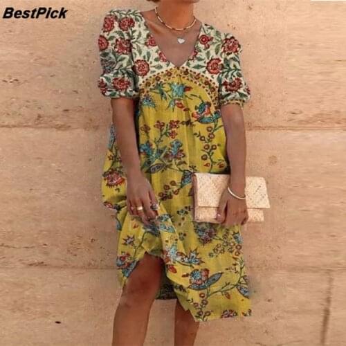 2021 New Vintage Floral Printed Women Summer Dresses Elegant V Neck Short Sleeve Plus Size Bohemian Dress Casual Beach Dress