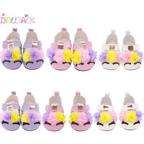 7cm Cute 3 Flower Doll Shoes For 43cm New Bron Doll Leather Eyelash Embroidery Mini Shoes For 18 Inches& Our Our Generation Doll