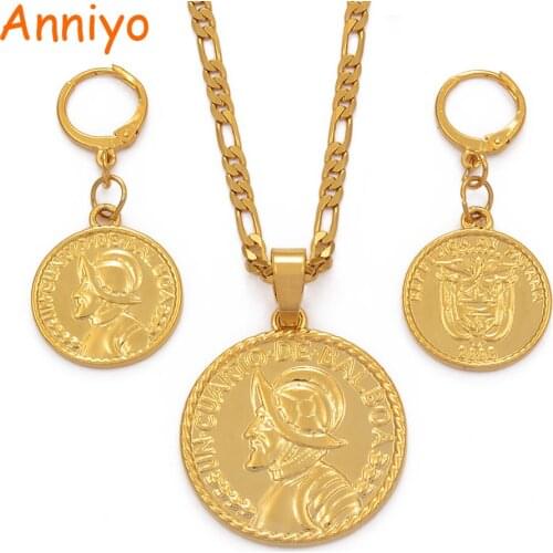 Anniyo Panama Coin Pendant Necklace Earrings Set for Women With Balboa Portrait Gold Color Panamanian Jewelry Sets Gifts #205706