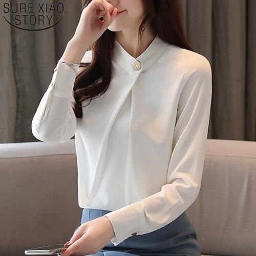Spring 2021 White Blouse New Long Sleeve Stand Collar Elegant Chiffon Blouse Women Solid Loose Slim Lady Shirt Korean Style 9041