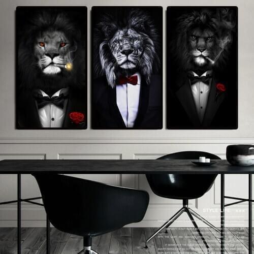 Black Wild Lion In A Suit Canvas Art Posters and Prints Gentry Lion Smoking Wall Art Pictures for Living Room Decor No Frame