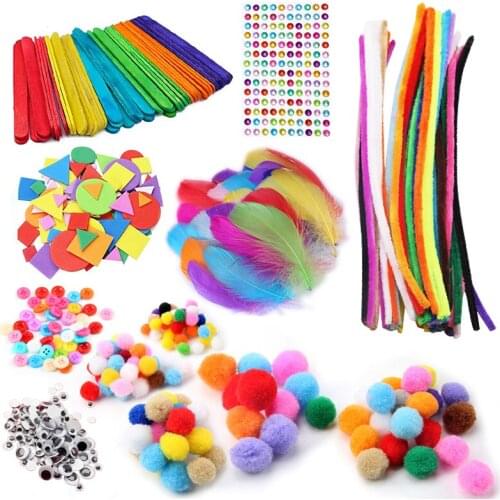 Kids Creative Art Crafts Supply Colorful Pipe Cleaner Plush Sticks Pompoms Feather Eyes Sticker Children DIY Craft Education Toy