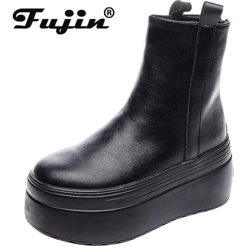 Fujin Geunine Leather Super Thick Sole Womens Boots Genuine Leather Autumn Motorcycle Boots Ladies British Womens Ankle Boots