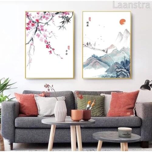 Canvas Painting Plum Blossom Landscape Poster Chinese Culture Feng Shui Ink Painting Wall Painting Living Room Home Decoration