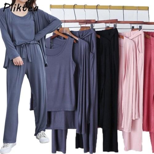 Autumn 3 Pieces Set Long Sleeve Modal Atoff Home Womens Loose Casual Pajamas Autumn Soft Home Cloth Plus Size Loose Sleepwear