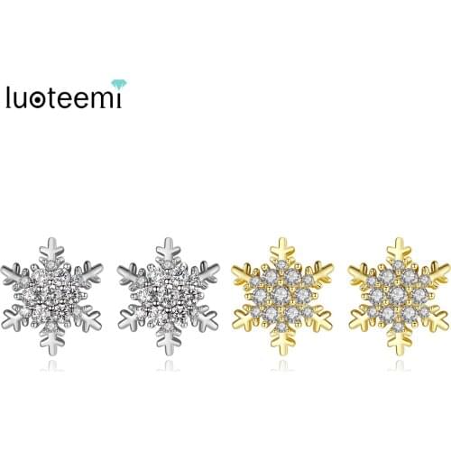 LUOTEEMI Hot Sale Shining CZ Snowflake Flower Earrings for Sweet Girls Bridals Wedding Dating Double Color Fashion Jewelry Gift